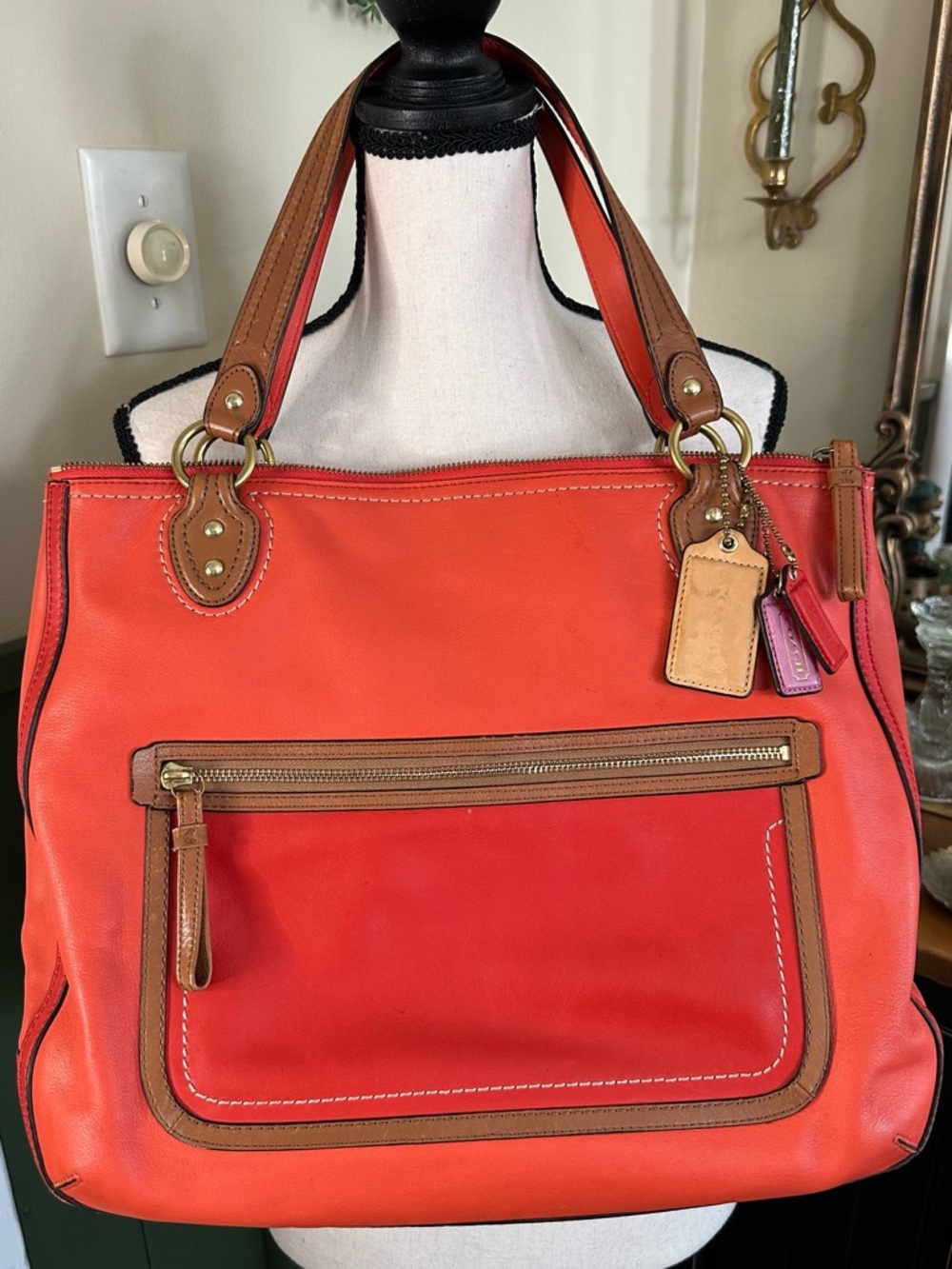 COACH Poppy Pebbled Leather Colorblock Tote Bag Vermillion Sun Orange